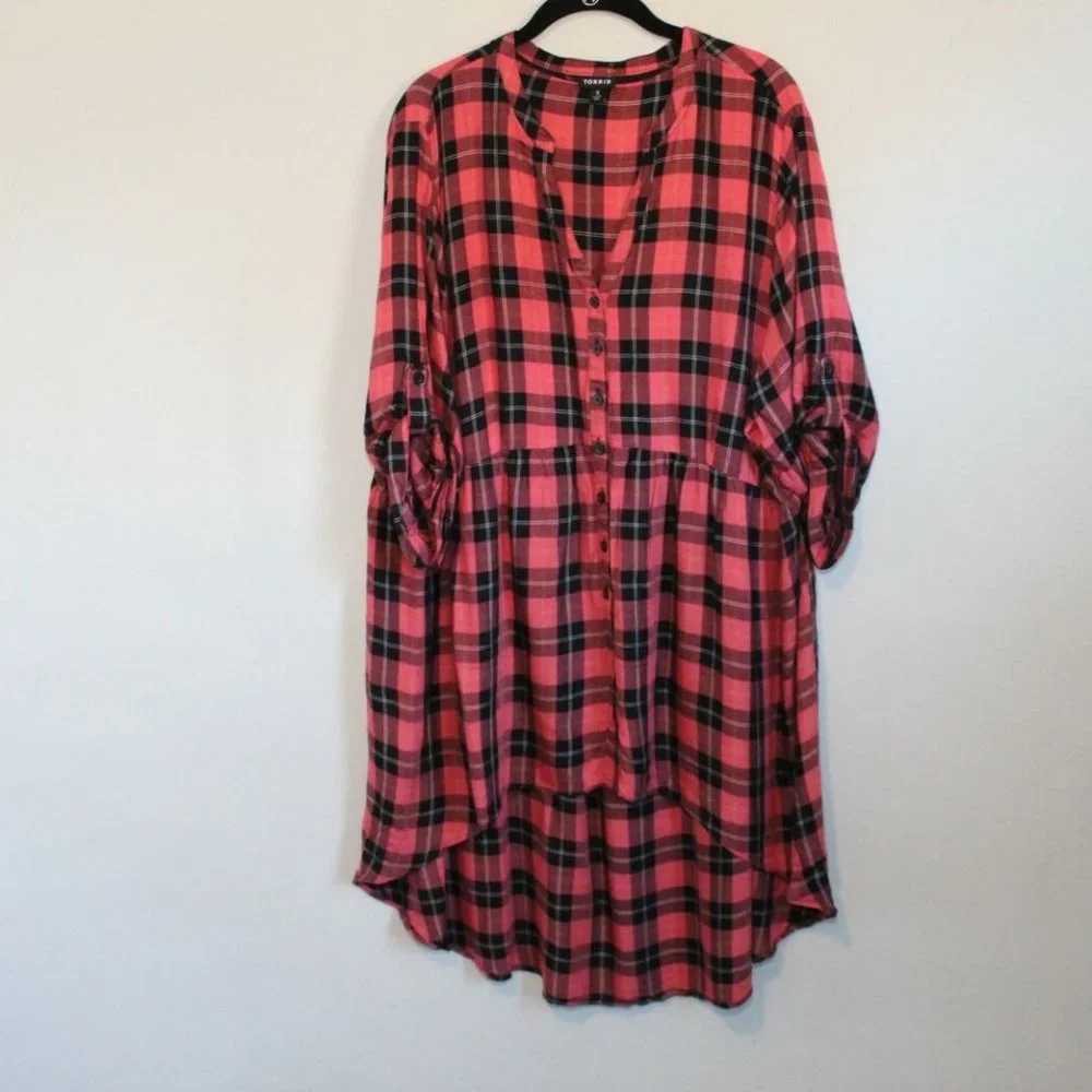 Torrid Lexie Plaid Hi-Lo Challis Tunic Red Black Women's Plus Size 3 3X H11863 - Picture 4 of 11